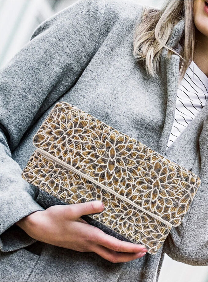 Silver & Gold Flowers Beaded Clutch
