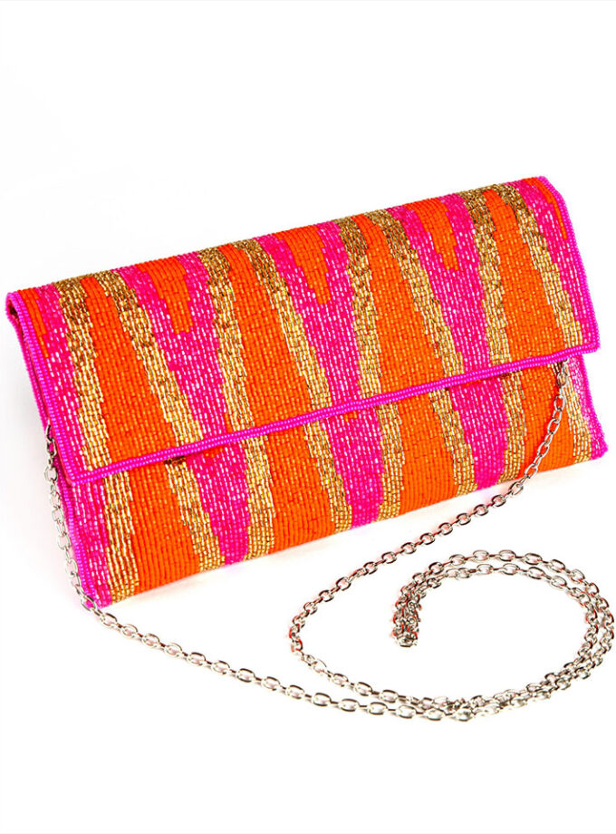 Fuchsia on Fire Chevron Seed Bead Hot Pink Crossbody Chain Clutch