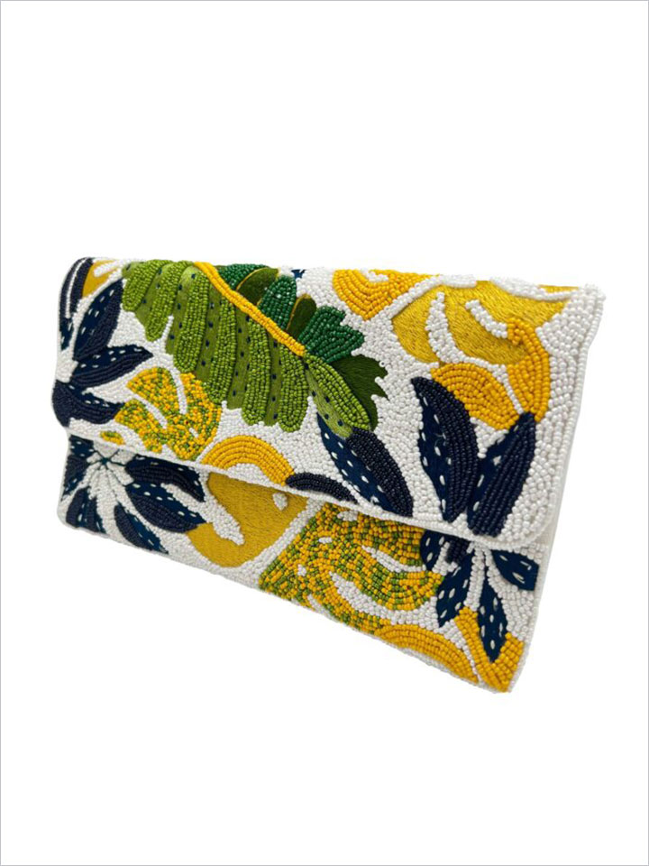 Green & Blue Palm Leaves Beaded Clutch & Earrings - Image 3