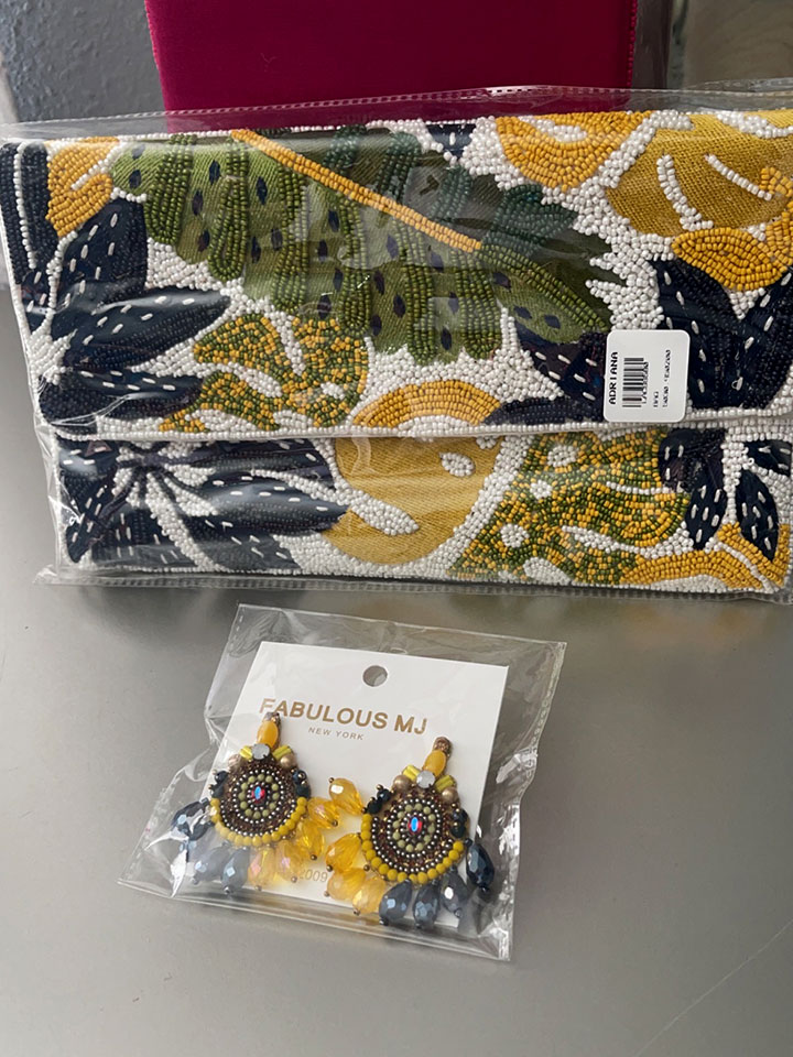 Green & Blue Palm Leaves Beaded Clutch & Earrings