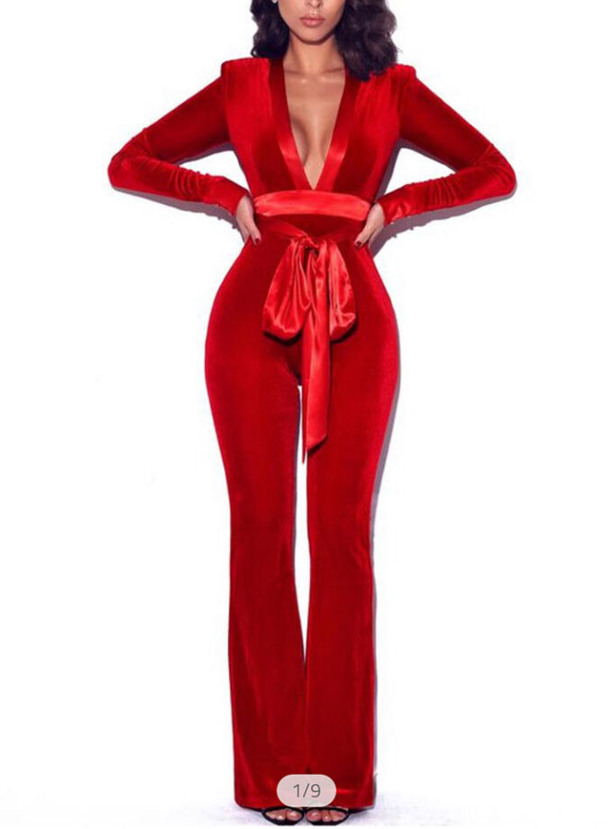 Glorious Red Long Sleeve Velvet Jumpsuit