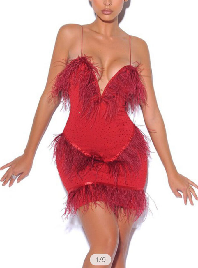 One In A Million Crystal and Fur Red Stretch Crepe Dress