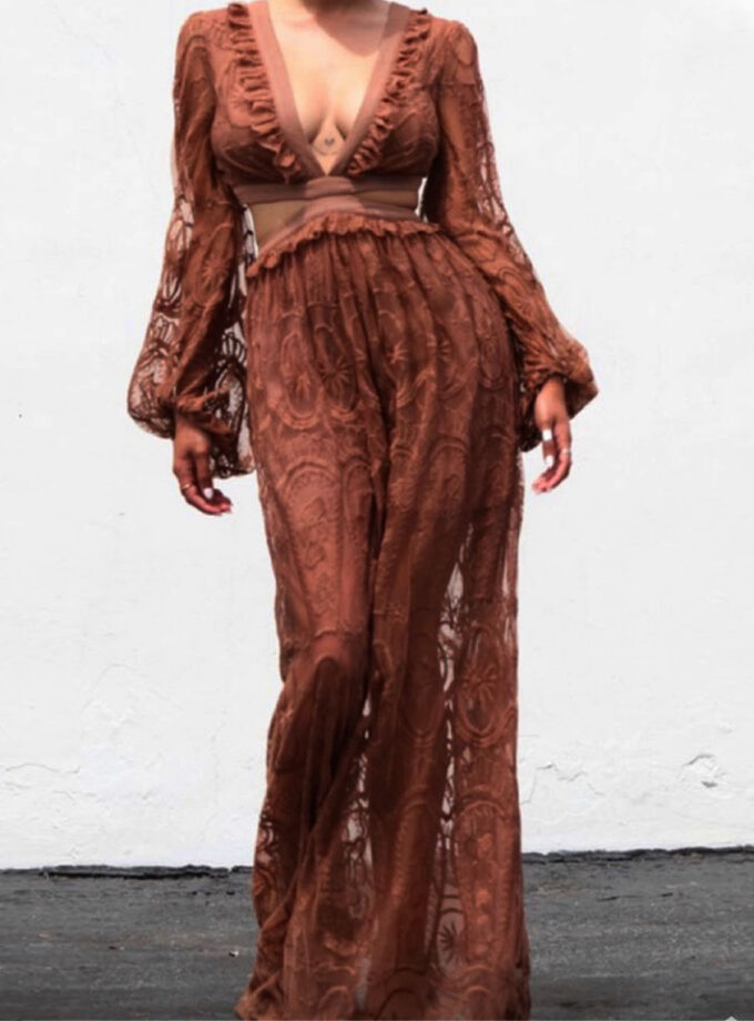 Mocha Lace Up Woven Back Maxi Dress