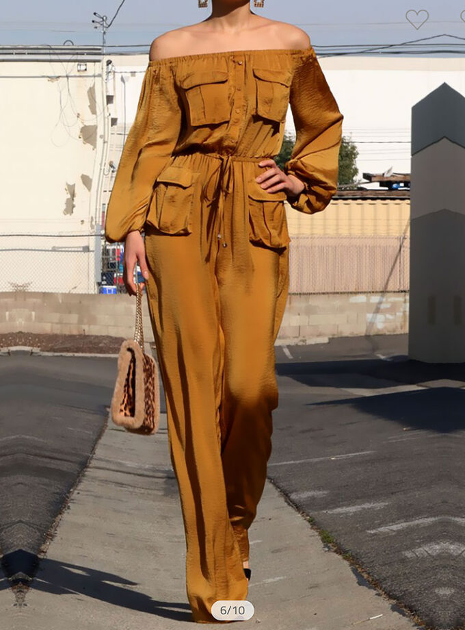 Mustard Off Shoulder Pocket Jumpsuit