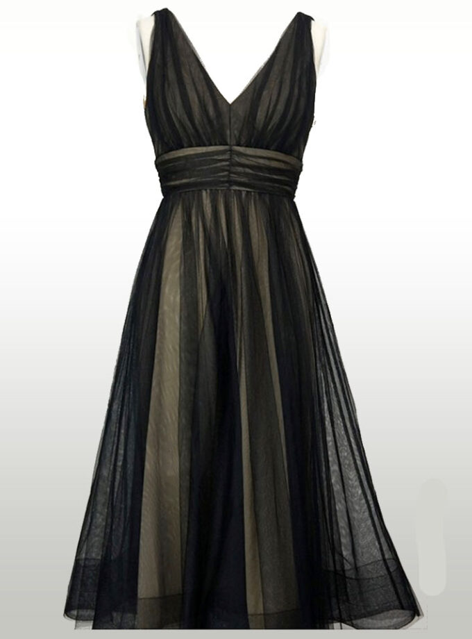 Black Nude Mesh Pleated Midi Dress