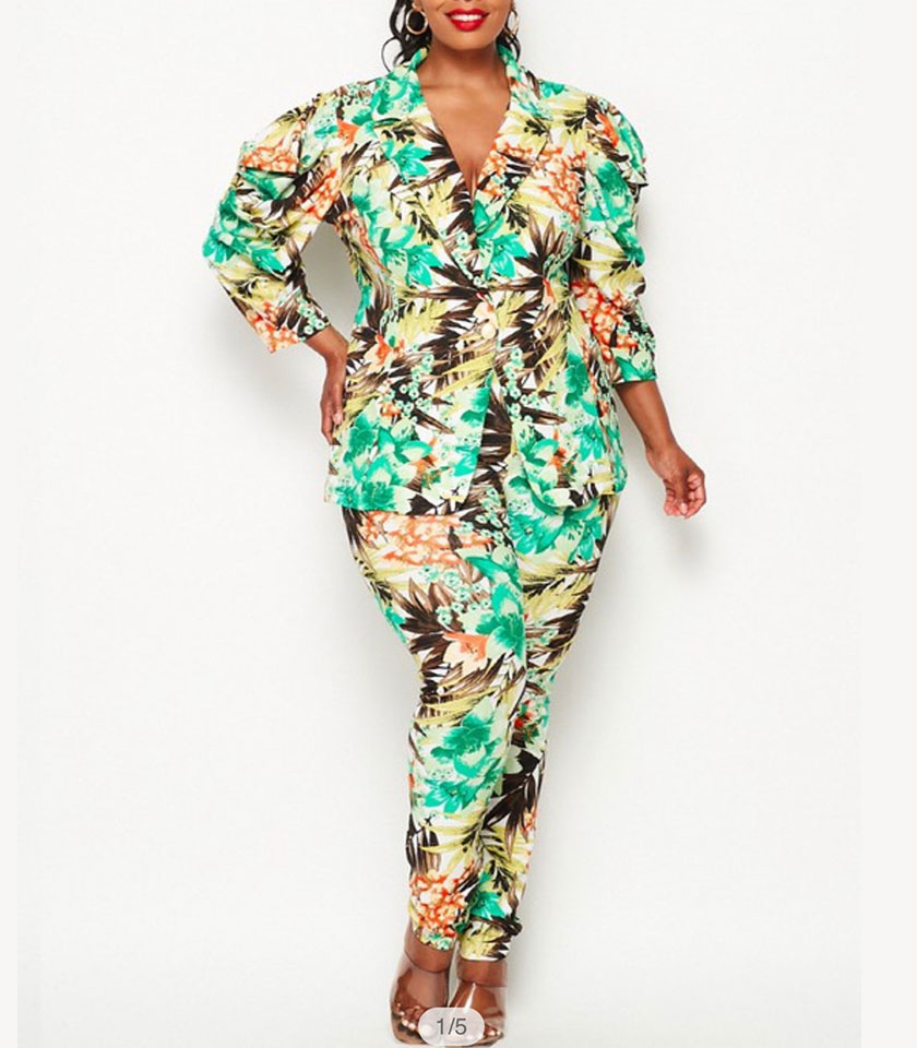 Vacation Travel Green Floral Pant Suit